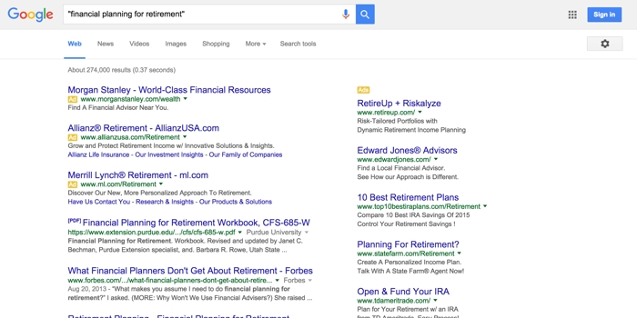 SEO keywords financial planning for retirement google