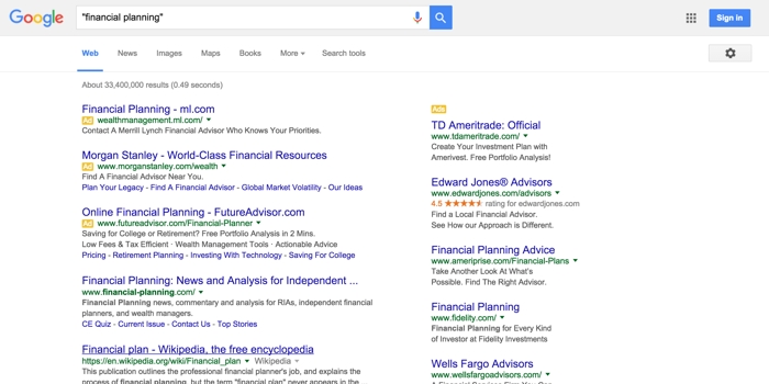 SEO keywords financial planning google